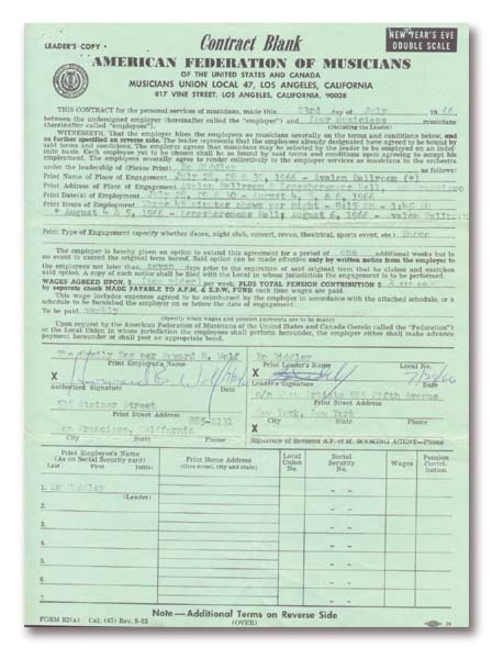 Concerts - 1966 Bo Diddley Avalon Ballroom Contract (8.5 x 11")