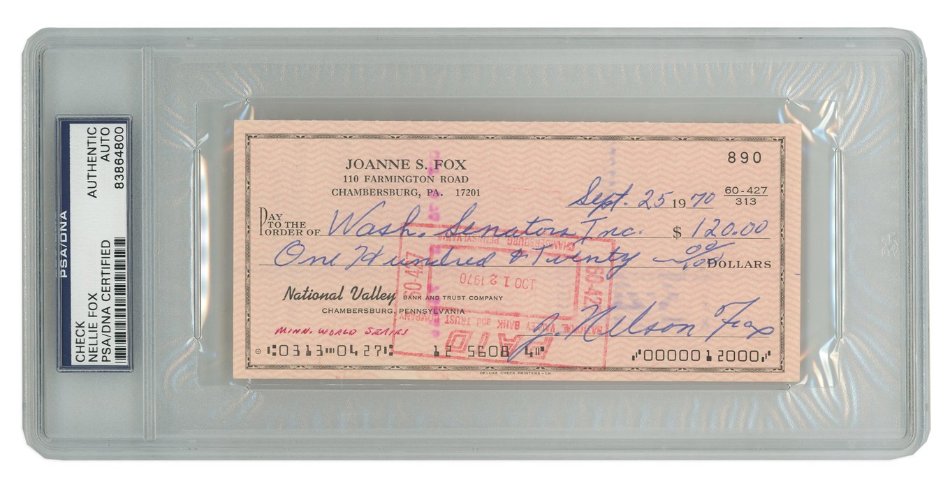Baseball Autographs - 1970 Nellie Fox Signed and Encapsulated Check - PSA/DNA