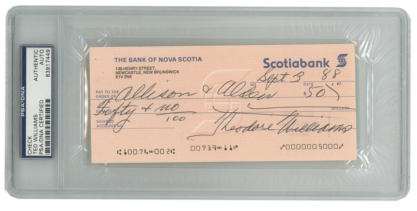 Theodore Williams Signed and Encapsulated Check - PSA/DNA
