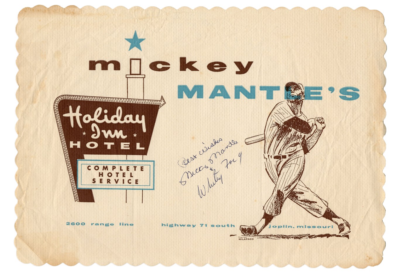 Baseball Autographs - 1960s Mickey Mantle & Whitey Ford Signed Joplin Holiday Inn Restaurant Placemat (PSA/DNA)