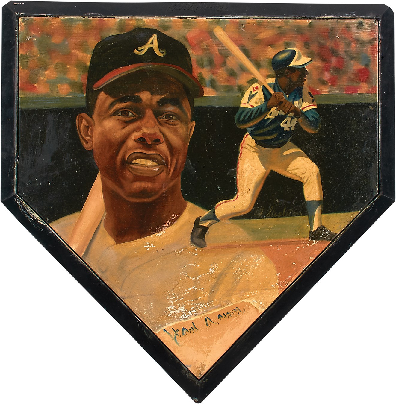 Hank Aaron Signed Oil Painting on Home Plate by Frank Stapleton (JSA)
