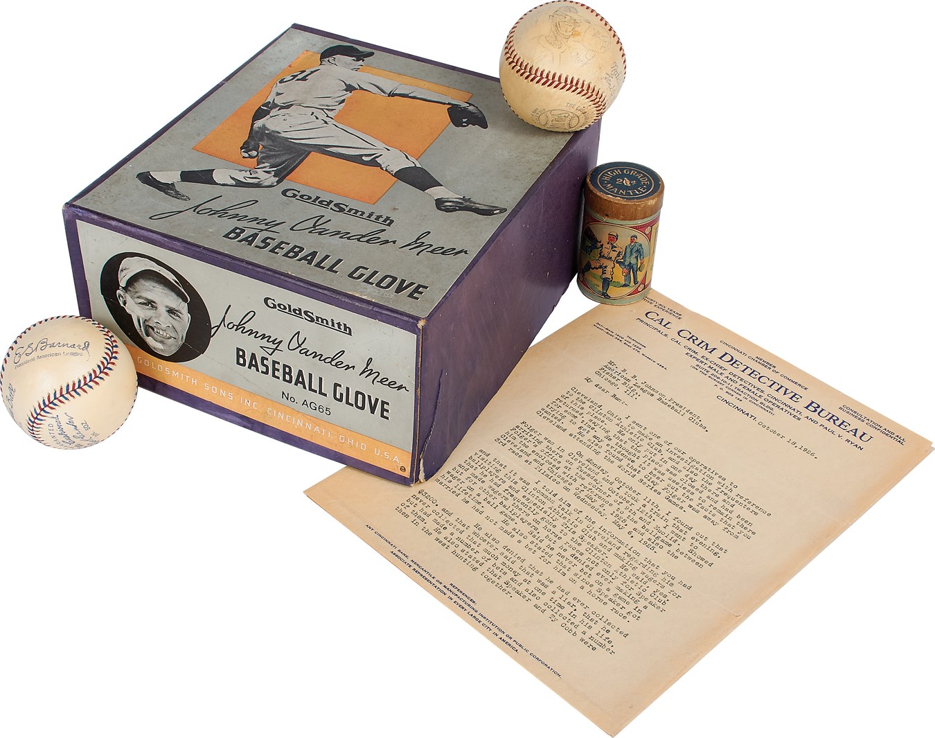Interesting Memorabilia w/Racist Sketch Period Baseball & Vander Meer Glove Box (5)