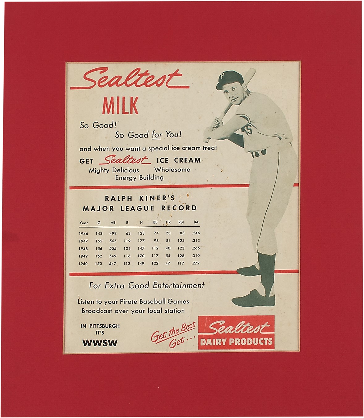 Baseball Memorabilia - 1951 Ralph Kiner Sealtest Milk Small Advertising Poster