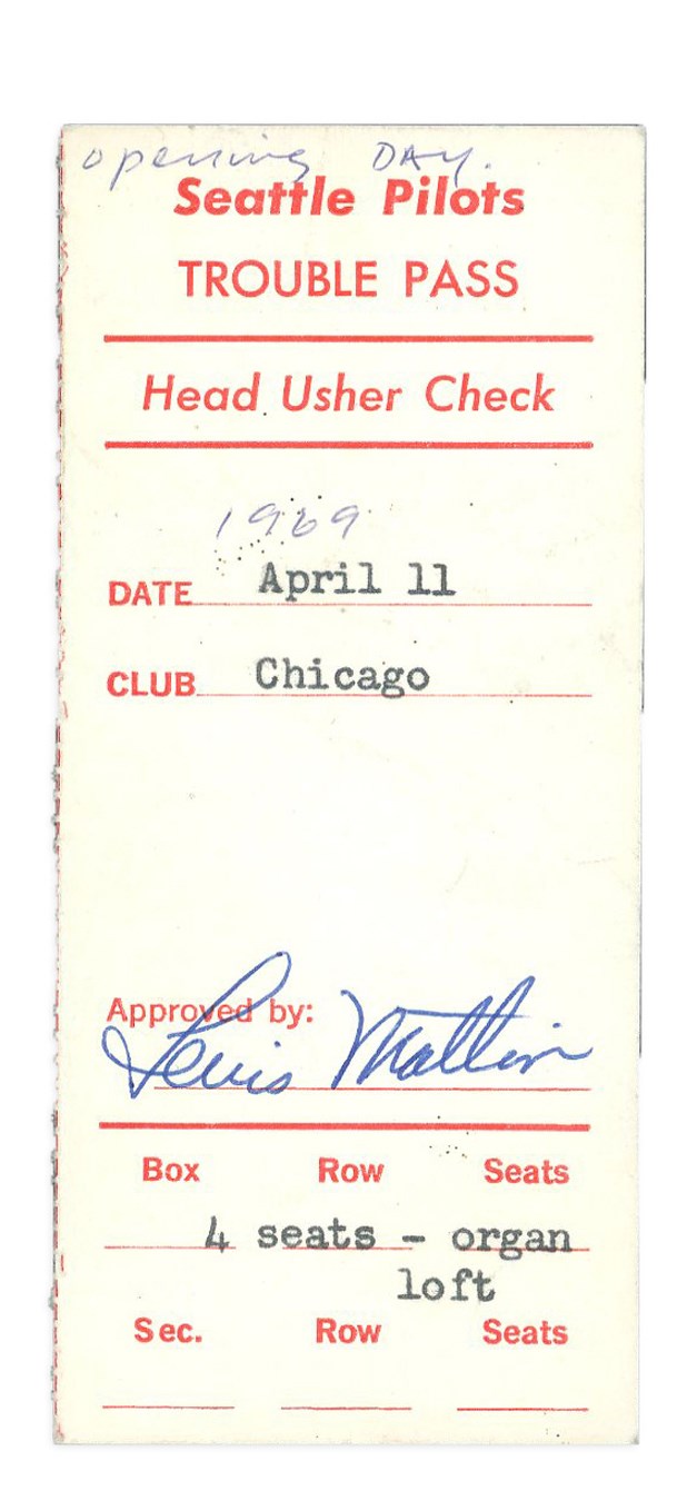 One & Only Seattle Pilots Opening Day "Trouble Pass" Ticket from Head Usher & Matching Program