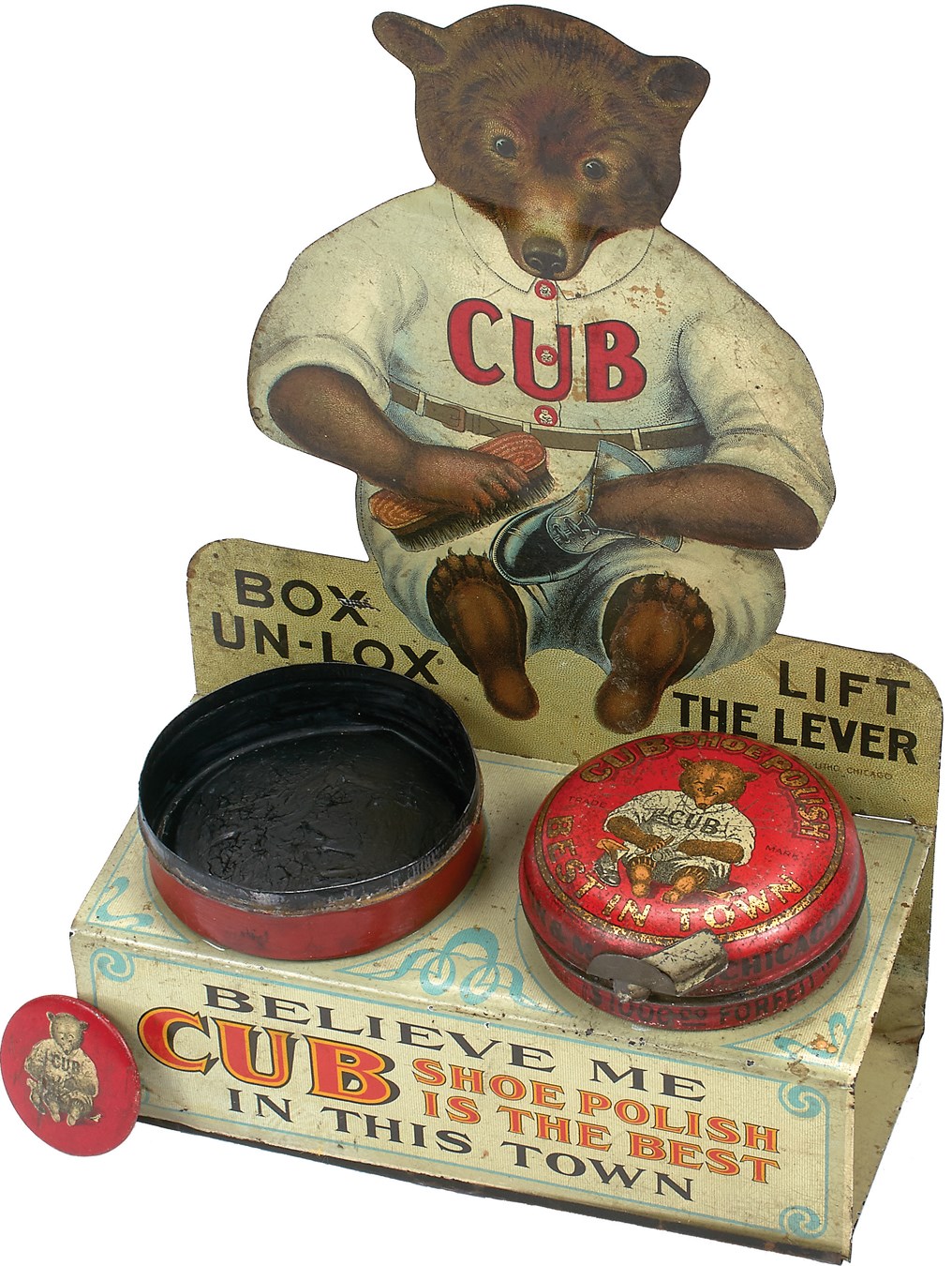 Chicago Cubs & Wrigley Field - Amazing Circa 1907 Chicago Cubs Shoe Polish Tin Store Display