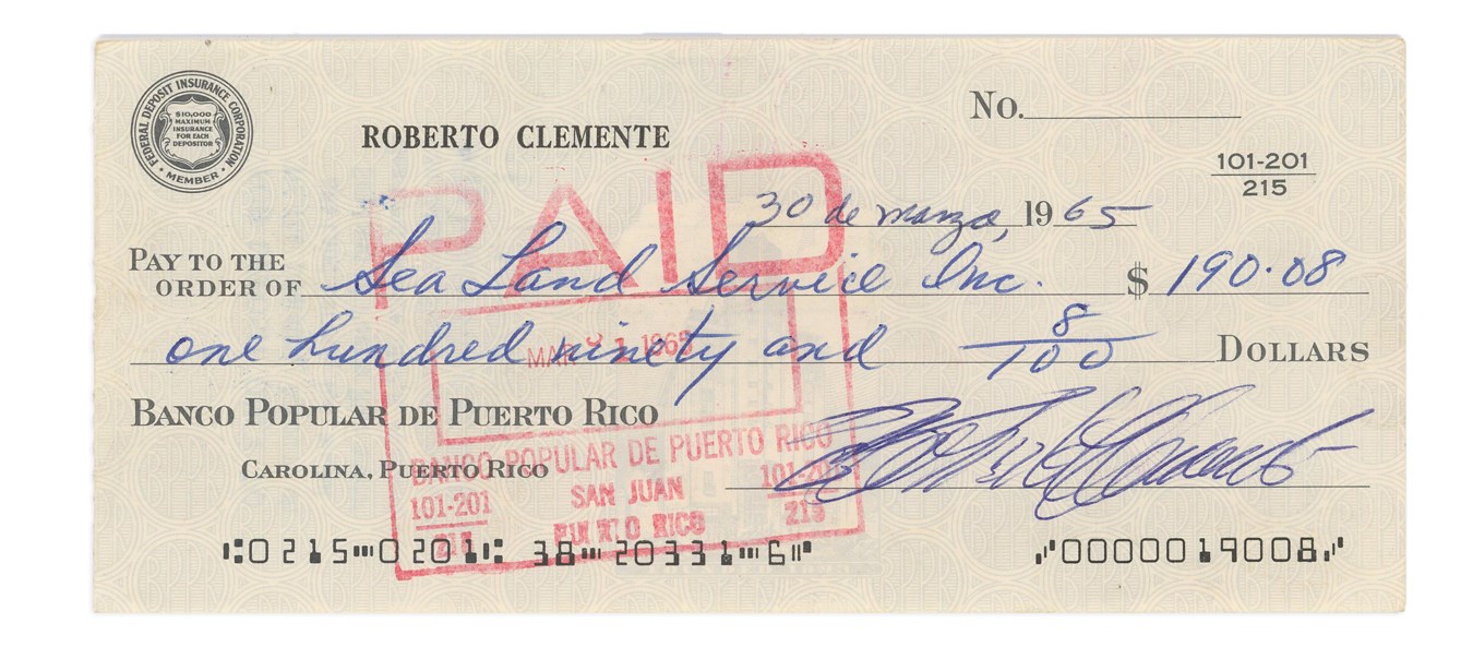 Clemente and Pittsburgh Pirates - 1965 Roberto Clemente Signed Check (JSA)