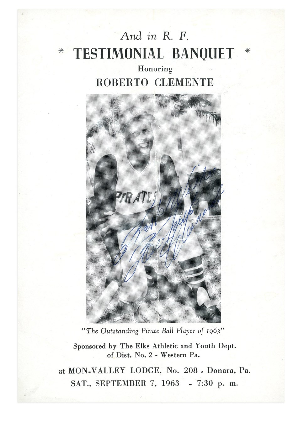 Clemente and Pittsburgh Pirates - 1963 Roberto Clemente Signed Banquet Program (PSA)