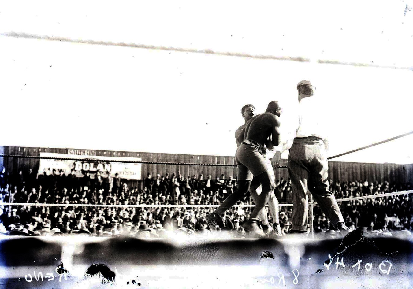 Dana Collection Of Important Boxing Negatives - 1910 Johnson vs. Jeffries "Battling in the Ring" Type I Glass Plate Negative by the Dana Studio