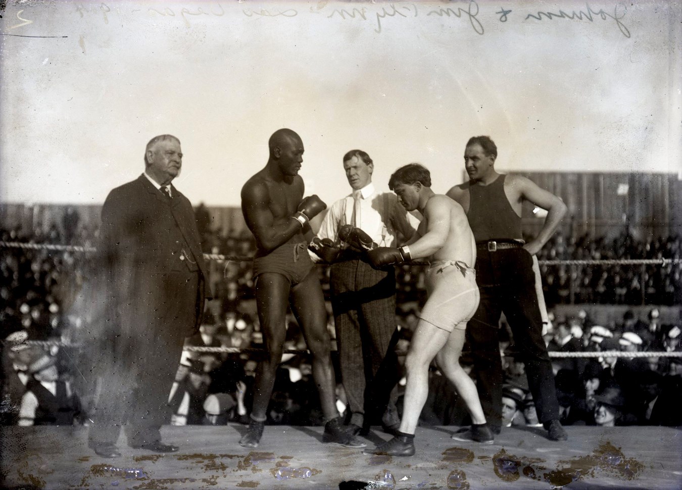 Dana Collection Of Important Boxing Negatives - 1907 Jack Johnson vs. "Fireman" Jim Flynn Type I Glass Plate Negative by Dana Studios