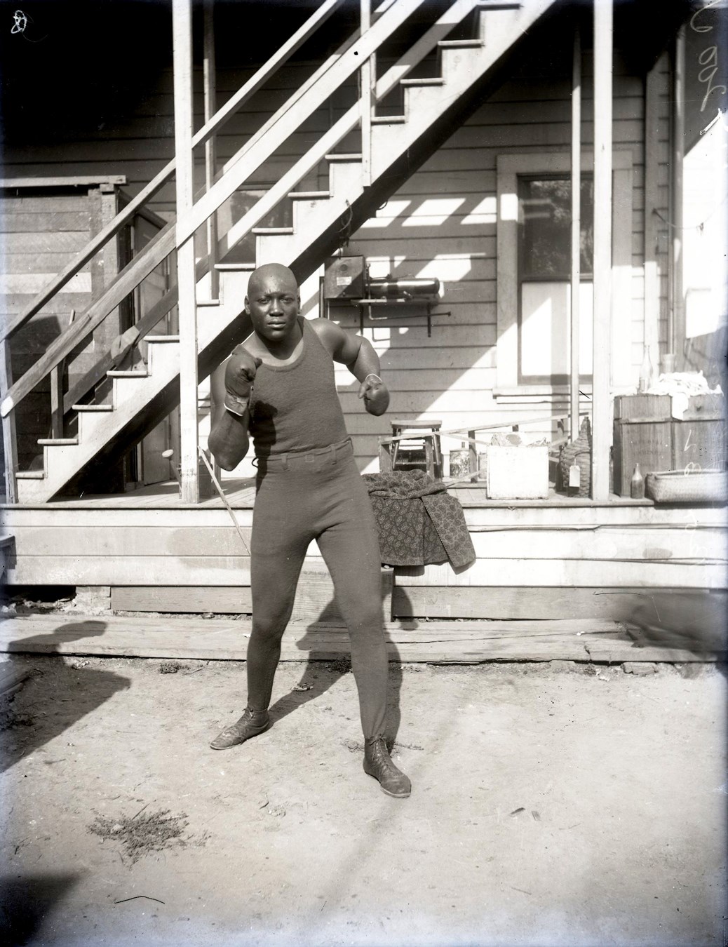 Dana Collection Of Important Boxing Negatives - 1910 Jack Johnson "Prepping for Jeffries Battle Boxing Pose" Type I Glass Plate Negative by Dana Studio