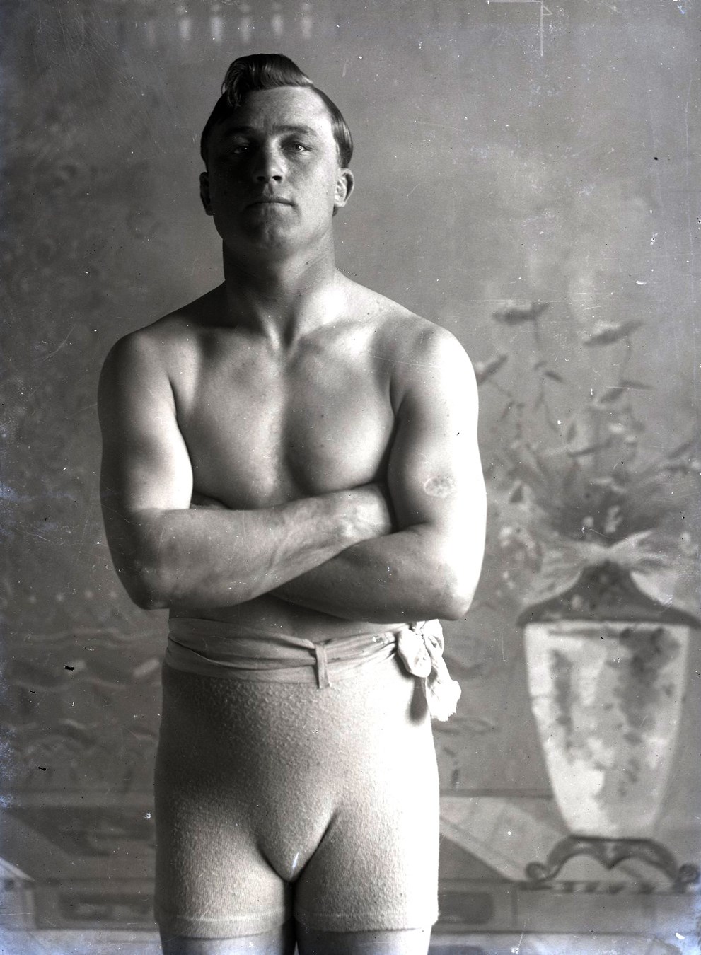 Dana Collection Of Important Boxing Negatives - Early 1900s Fireman Jim Flynn "Boxing Pose" Type I Glass Plate Negative by Dana Studio