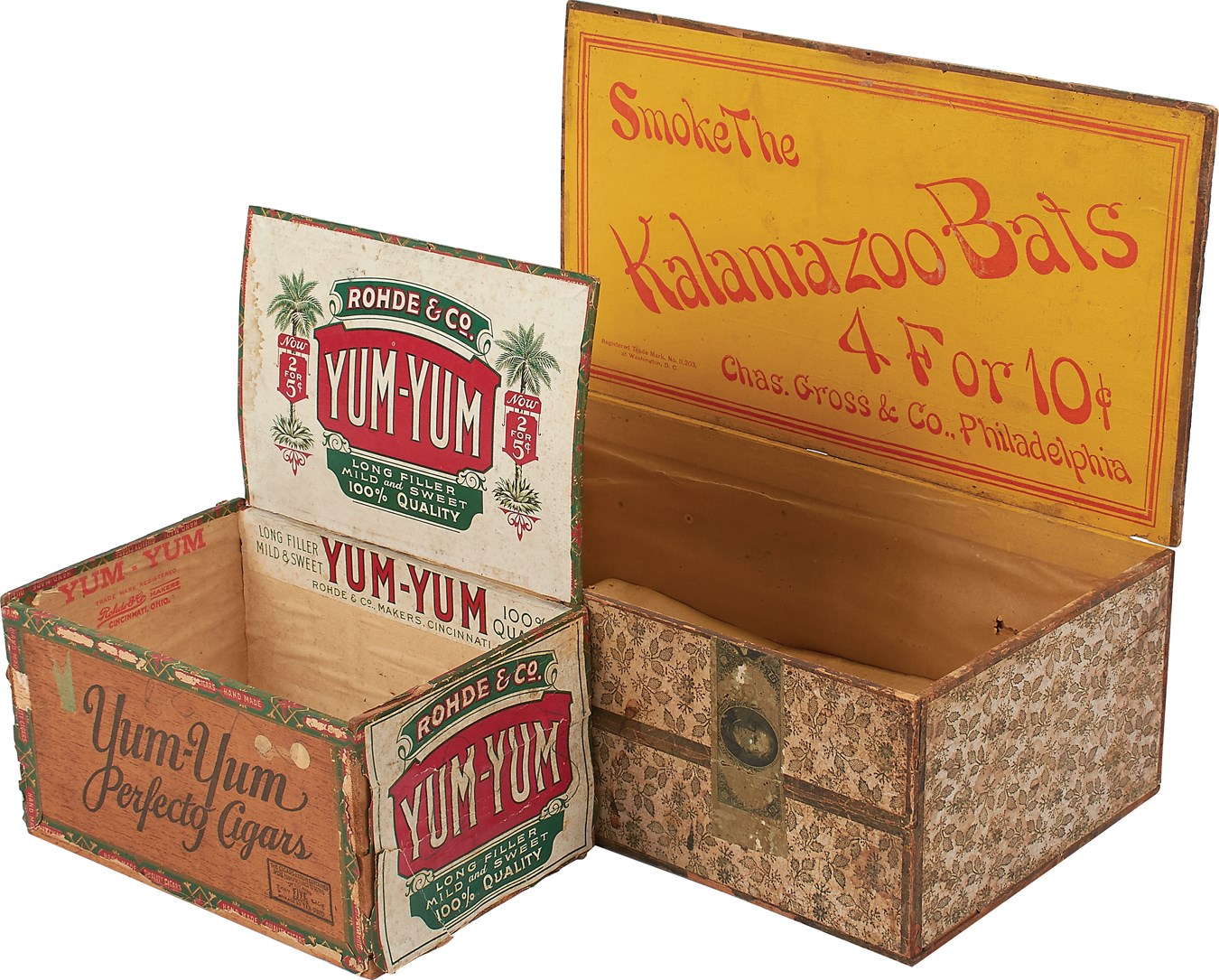 Early Baseball - 19th Century Kalmazoo Bats & Yum-Yum Cigar Boxes (2)
