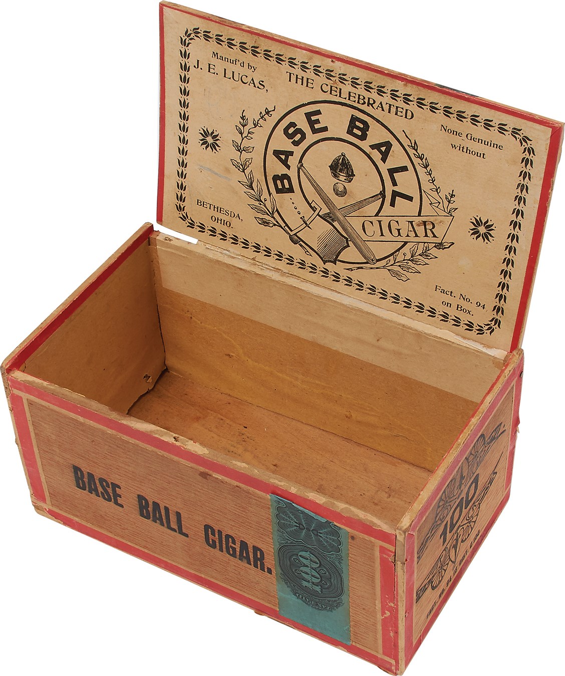 - 1883 "Base Ball Cigar" Cigar Box with Wonderful Early Equipment