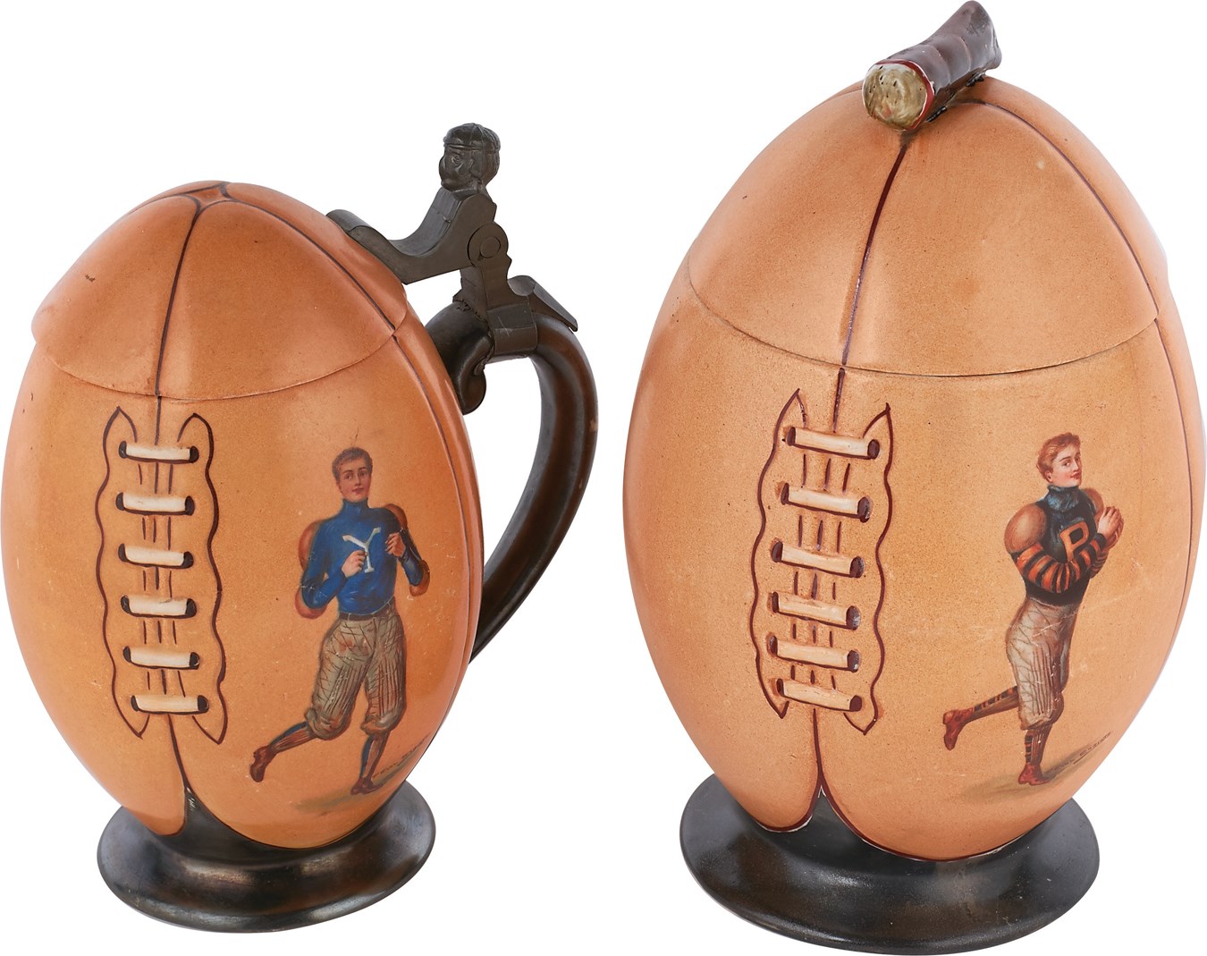 Football - Extremely Rare Early 1900s Figural Football Cigar Humidor with Matching Lidded Mug