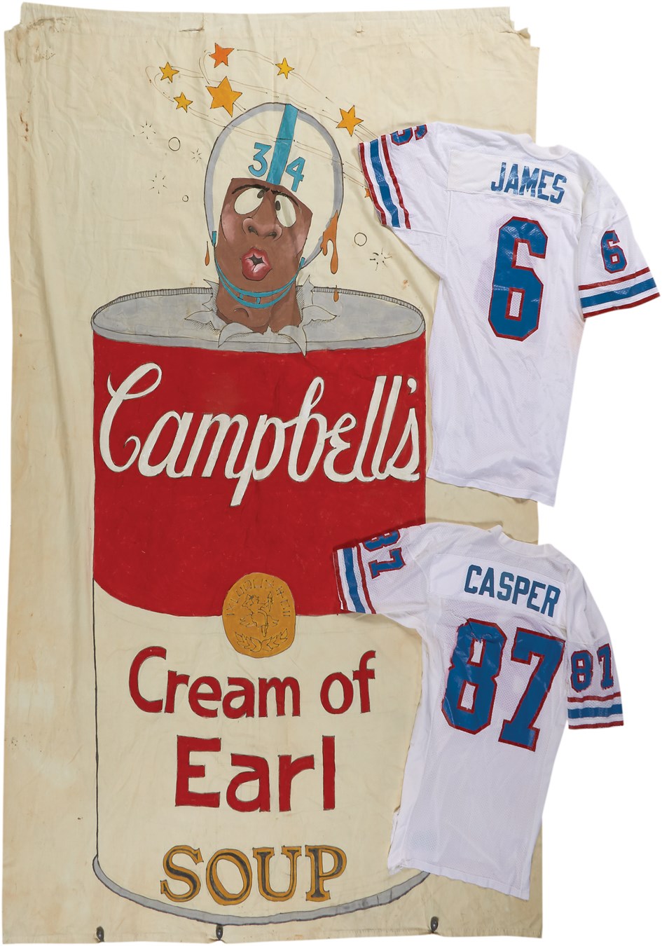 Football - 1980s Dave Casper & John James Game Worn Oilers Jersey with Photomatched Earl Campbell 1980 AFC Wild Card Game Banner