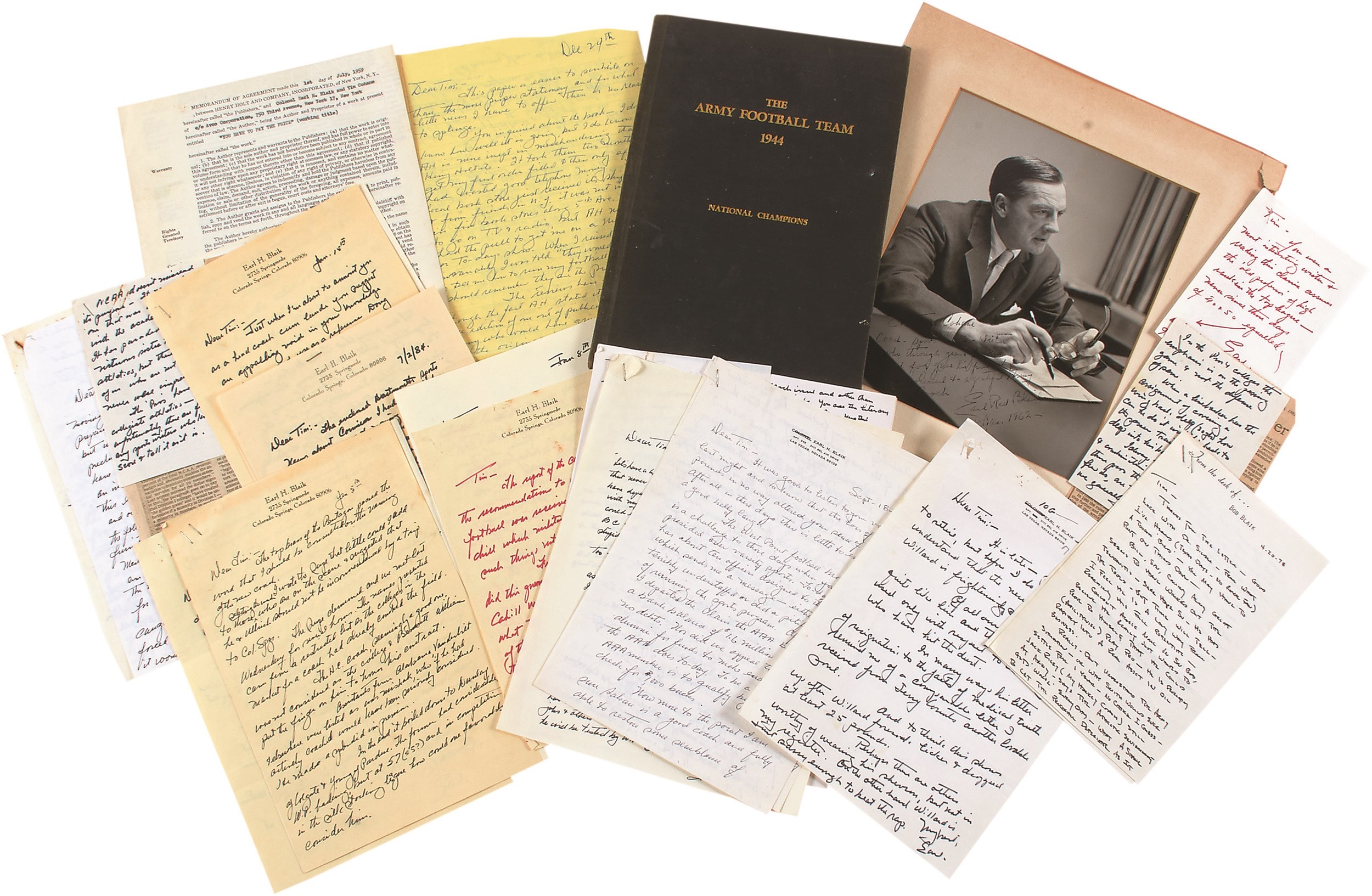 Football - Earl Blaik Signed Handwritten Letters, Book and Photo Collection to Friend & Co-Author Tim Cohane (25+)