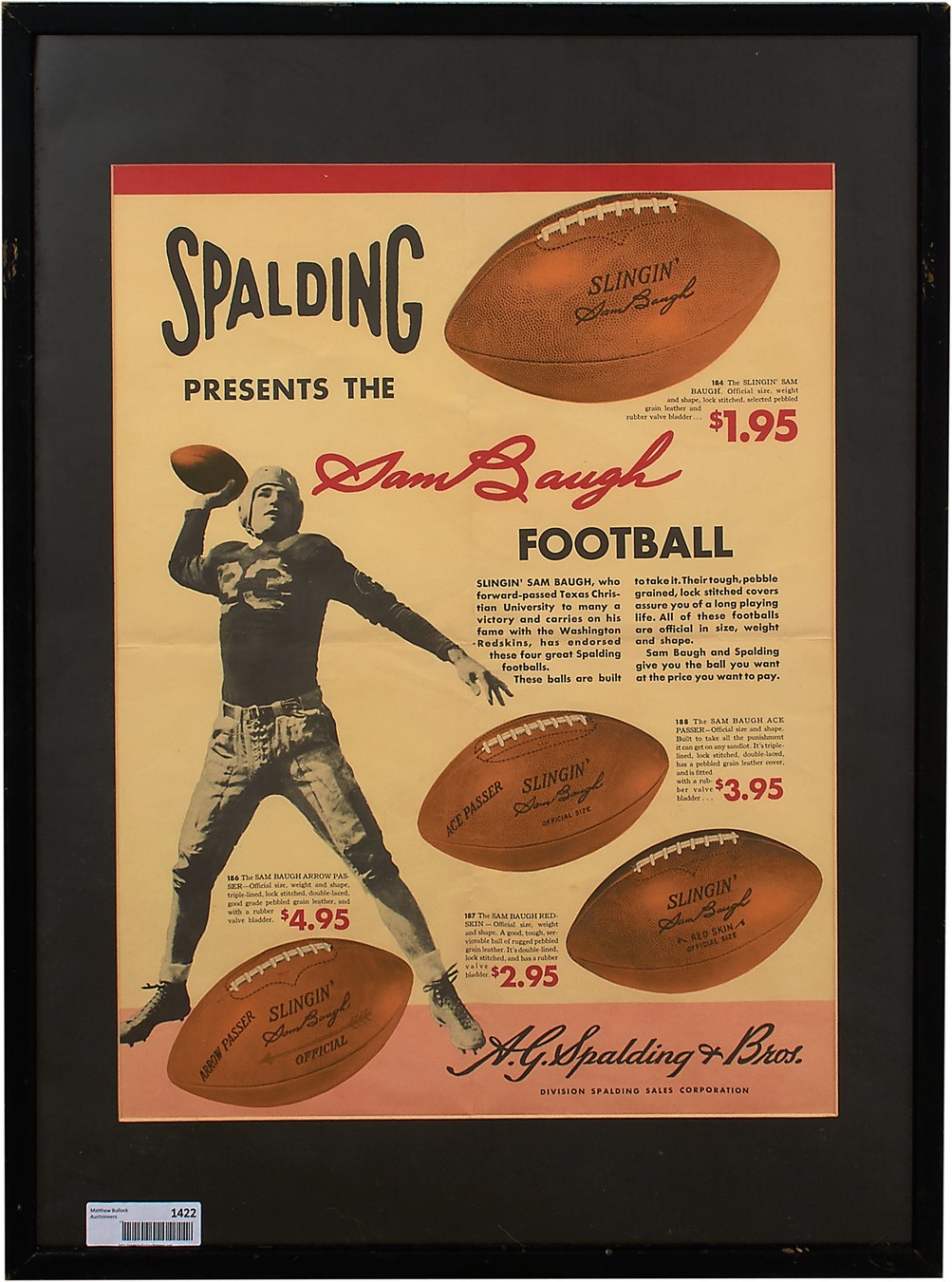 Football - 1940s Sammy Baugh Spalding Advertising Poster