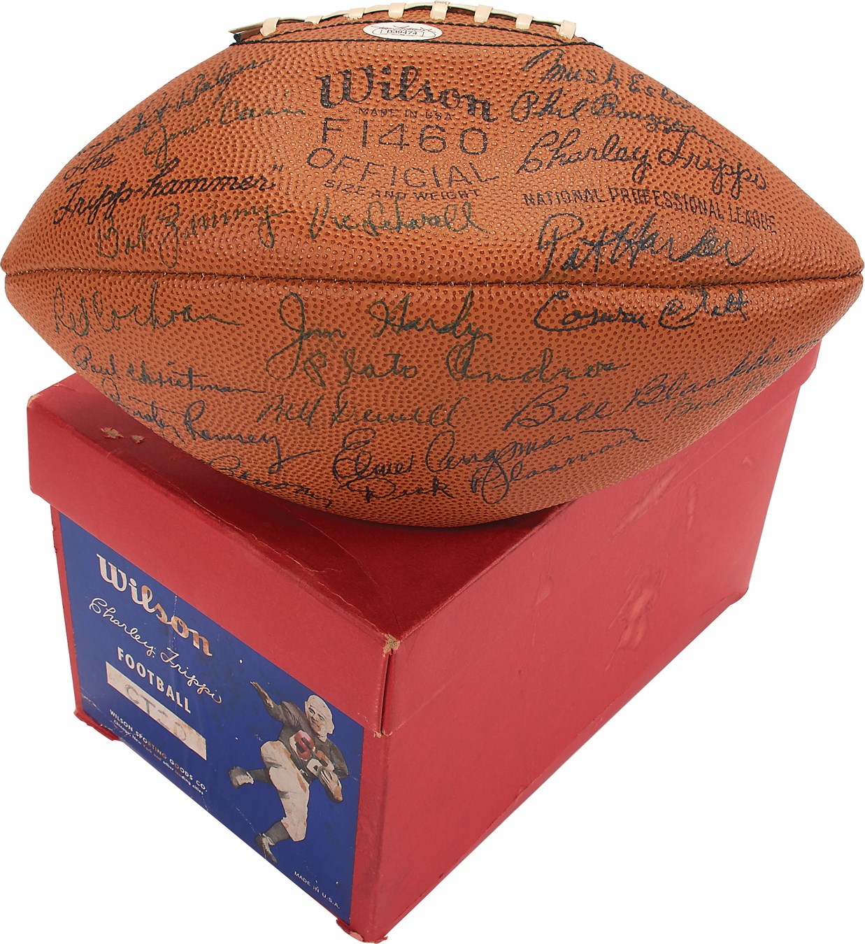 - High Grade 1949 Chicago Cardinals Team-Signed Football in Charlie Trippi Photo Box (JSA LOA)