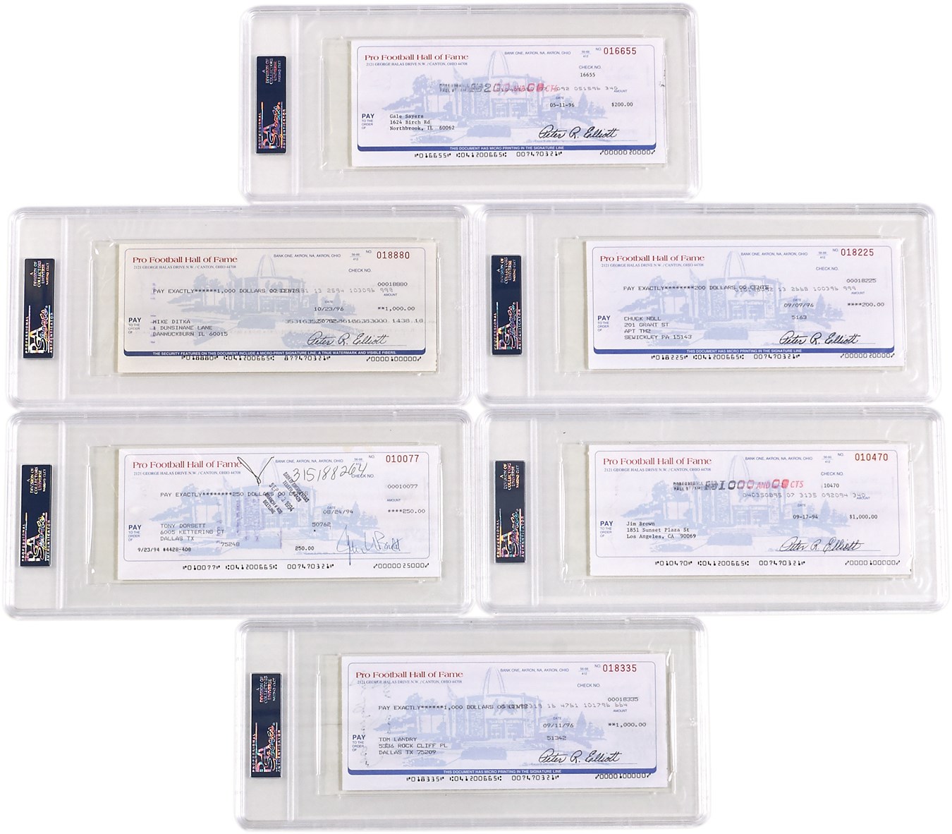 Football - Football Legends Signed Checks from the National Football Hall of Fame - with Jim Brown, Landry, Sayers (6)