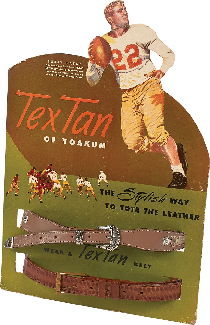 Football - 1940s Bobby Layne Tex Tan Belts Die-Cut Cardboard Standee w/Actual Belts