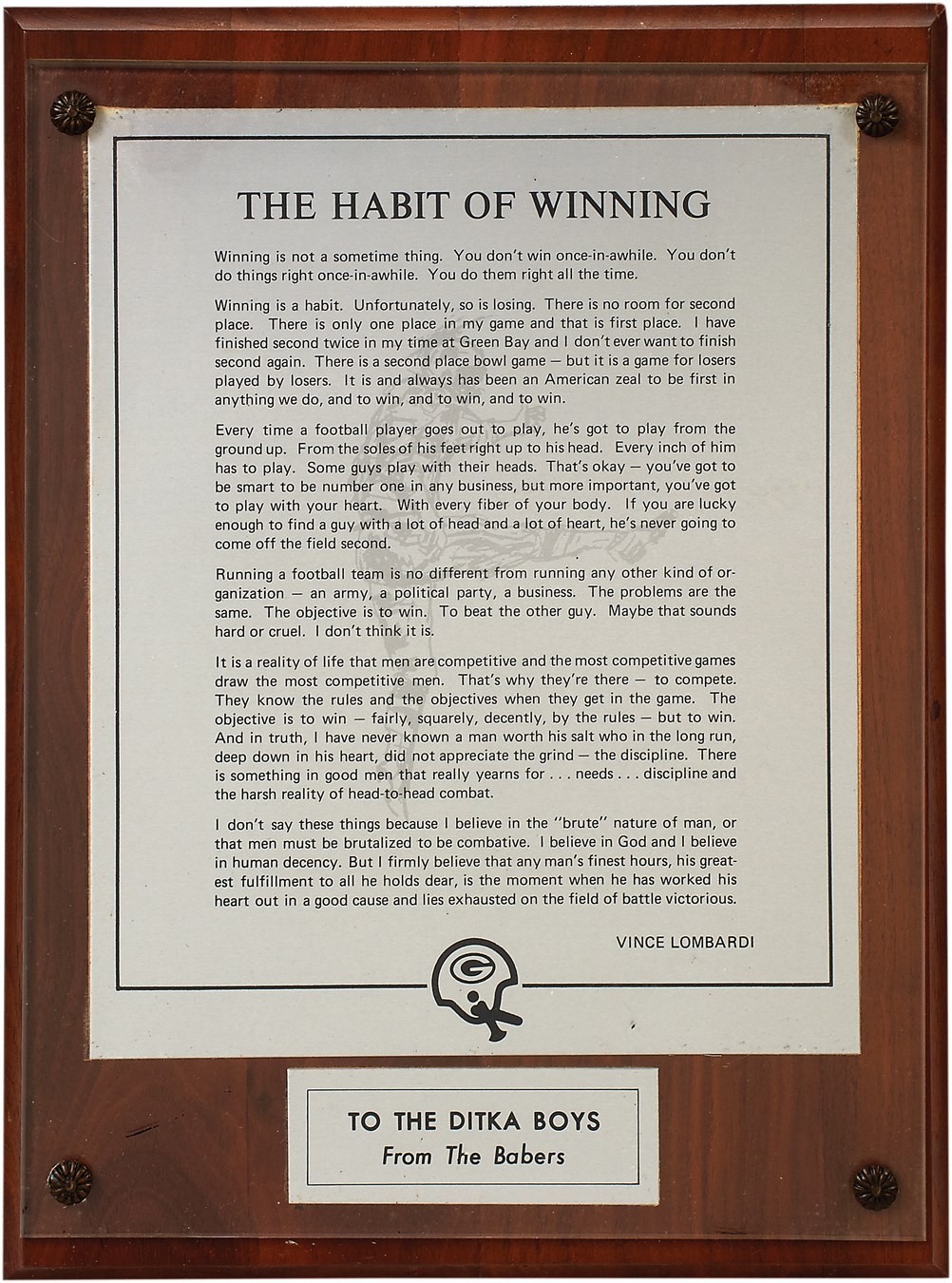 Vince Lombardi "The Habit of Winning" Declaration to Mike Ditka