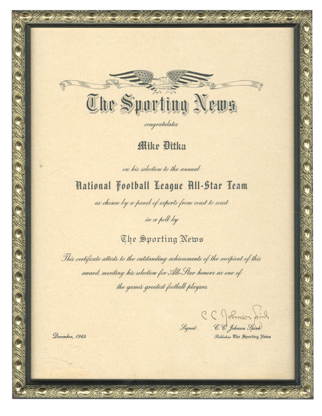 - 1964 Mike Ditka Sporting News NFL All-Star Award in Original Frame
