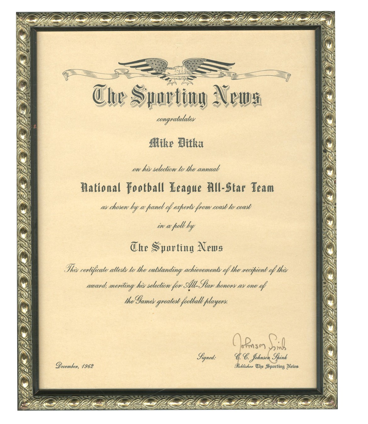 Mike Ditka 1960s Sporting News NFL All-Star Award (ex-Mike Ditka)