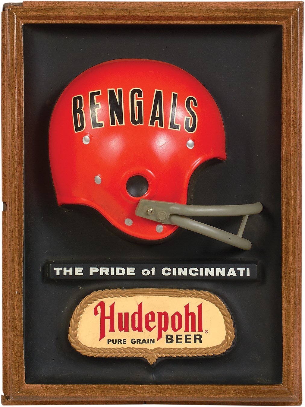 1964 Pair of Washington Redskins and Baltimore Colts National Beer Animated Cardboard Standees & Hudepohl Cincinnati Bengals Helmet Display (3)