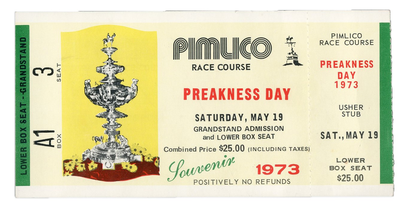 Horse Racing - Penny Chenery Tweedy's Personal Preakness Reserved Ticket from Secretariat's Triple Crown Win (Chenery Provenance)