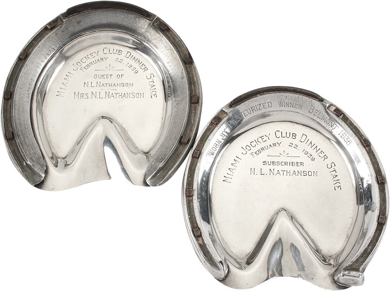 Horse Racing - 1938 Belmont Stakes Victory "Pasteurized" Sterling Silver Horseshoe Ashtrays