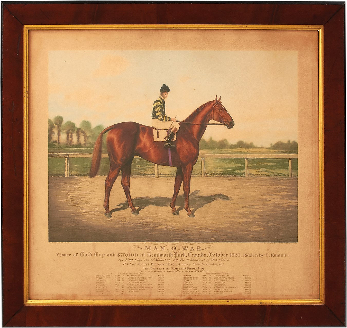 Horse Racing - 1920 Man O' War Gold Cup Watercolor Aquatint by F.B Voss