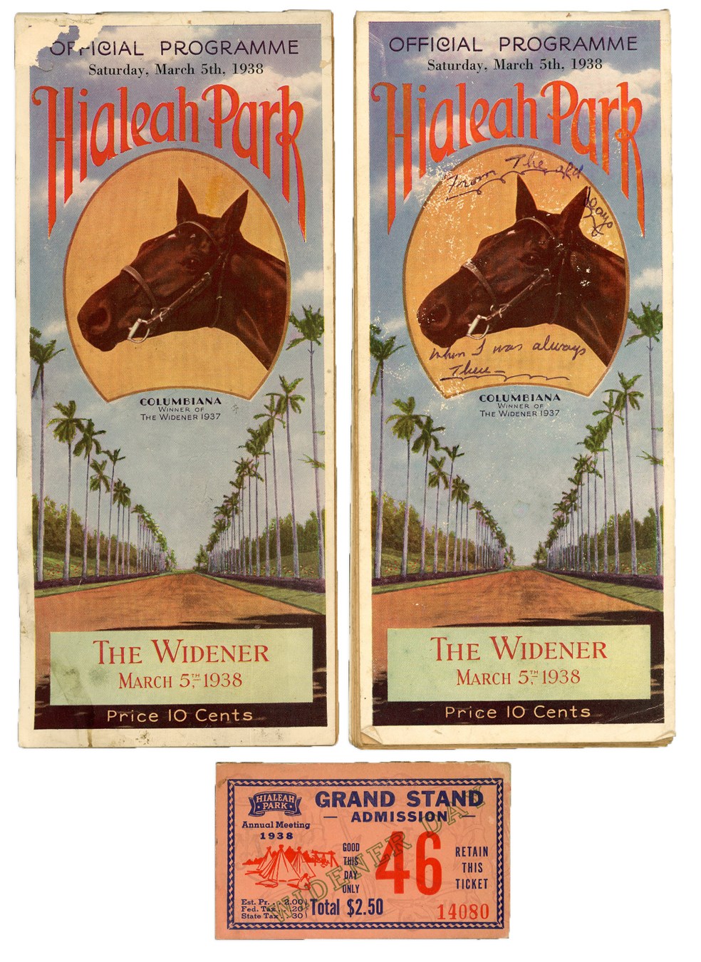 Horse Racing - 1938 War Admiral "The Widener" Programs and Ticket (3)
