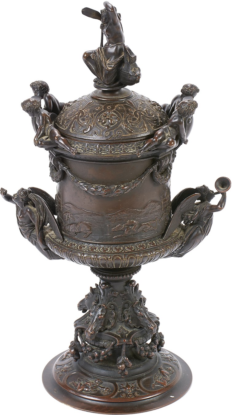 Horse Racing - Impressive 1850s English Bronze Horse Racing Trophy Incense Burner/Urn