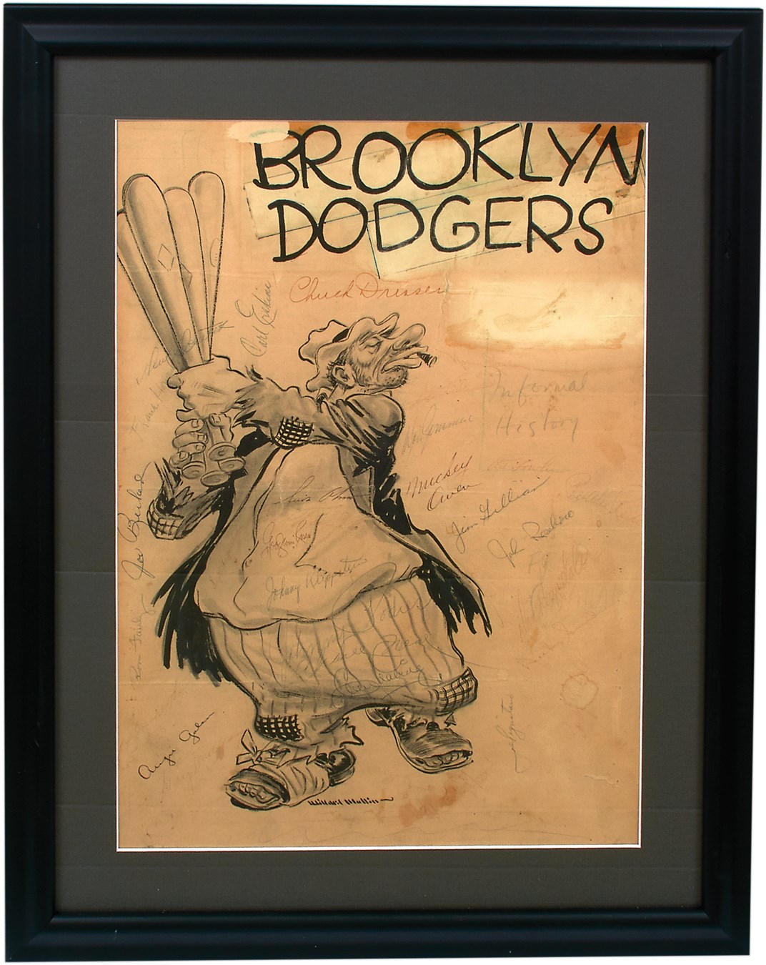 Jackie Robinson & Brooklyn Dodgers - Brooklyn Dodgers "Bum" Custom Artwork by Willard Mullin - Team Signed with Early Koufax