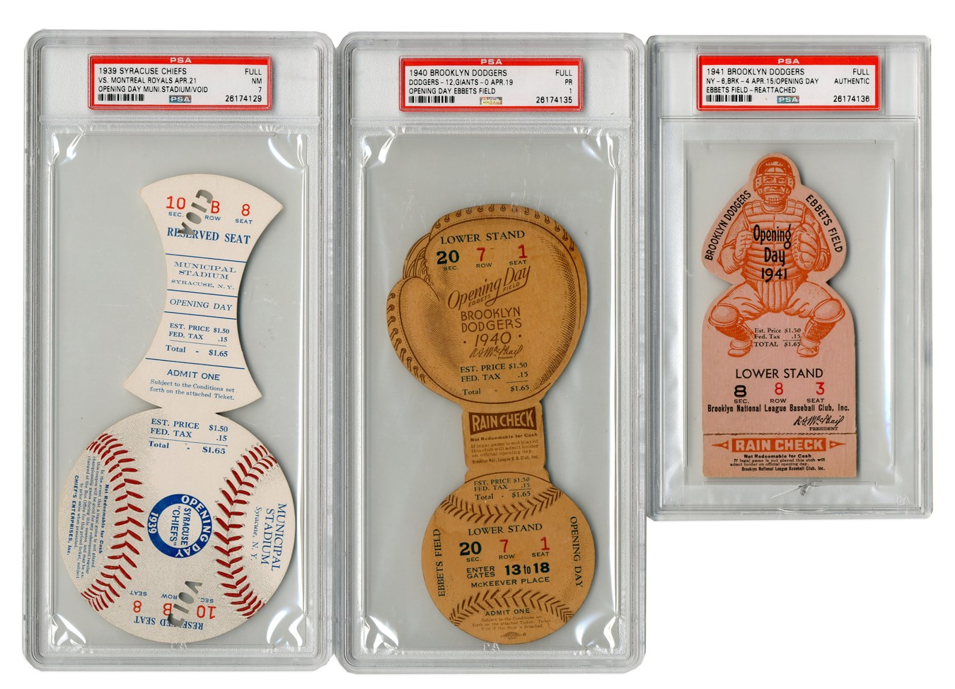 - 1940-41 Brooklyn Dodgers Opening Day "Diecut" PSA Slabbed FULL Tickets (3)