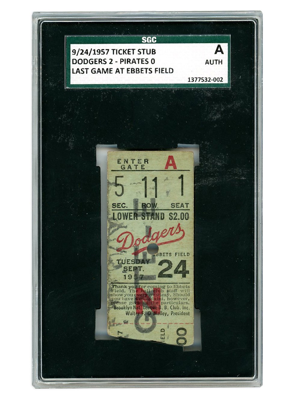 Jackie Robinson & Brooklyn Dodgers - 1957 Last Brooklyn Dodgers Game at Ebbets Field Ticket Stub (SGC Authentic)