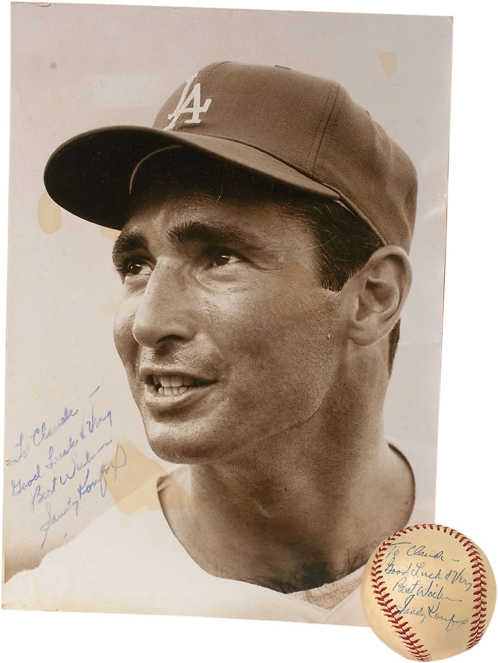 Jackie Robinson & Brooklyn Dodgers - Sandy Koufax Vintage Signed Baseball and Photo to Claude Osteen (PSA)