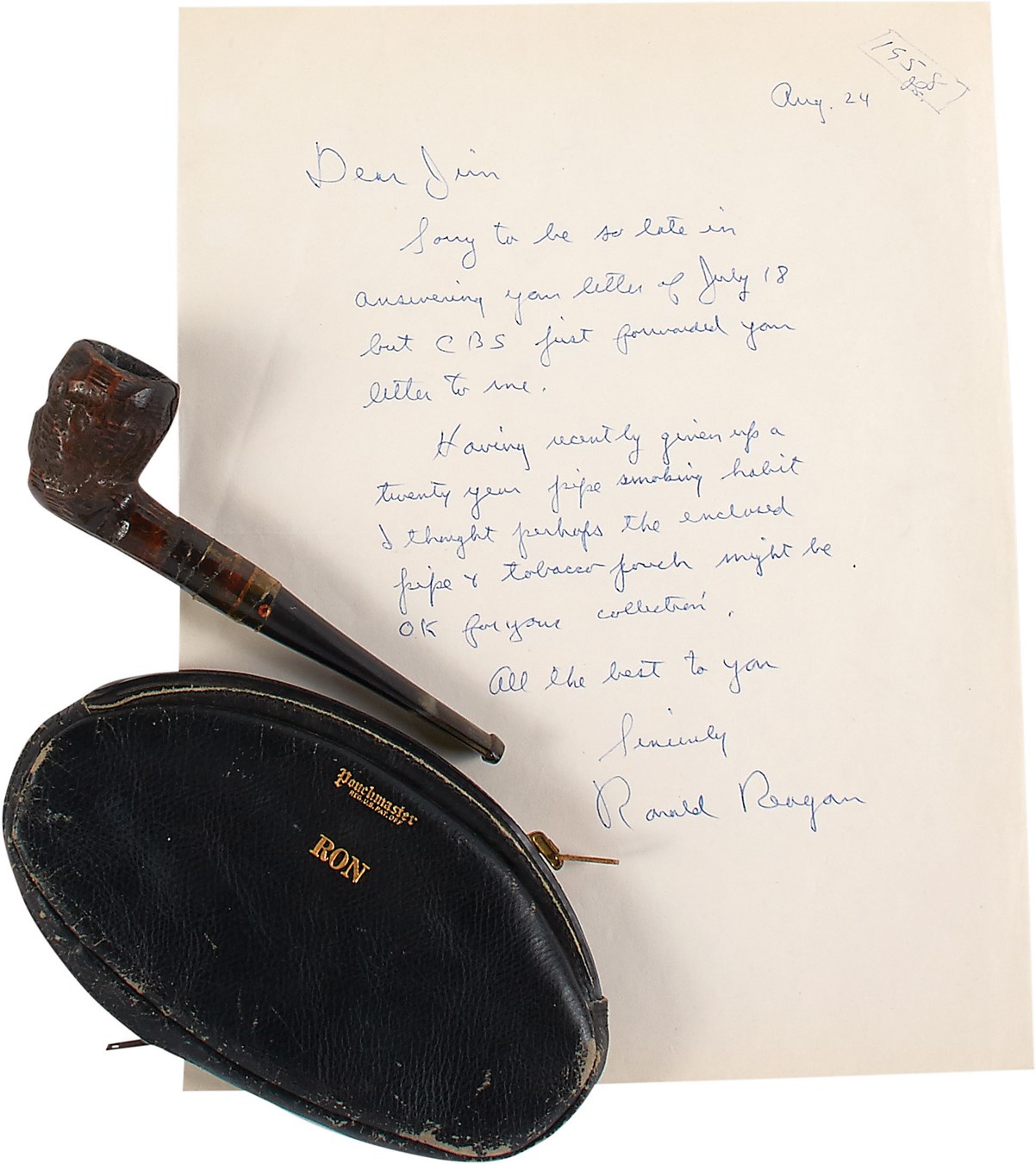 Jim Schendel Autograph Collection - Ronald Reagan Personally Used Pipe & Tobacco Pouch with Signed Letter - Gifted by Reagan (PSA)