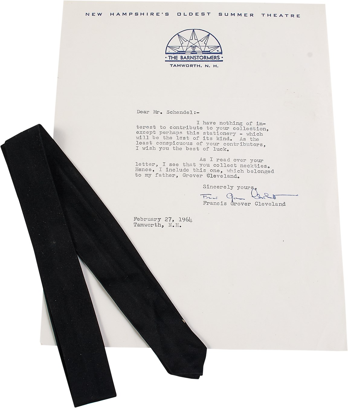 Jim Schendel Autograph Collection - Grover Cleveland Personally Worn Necktie - Gifted from His Son to Collector