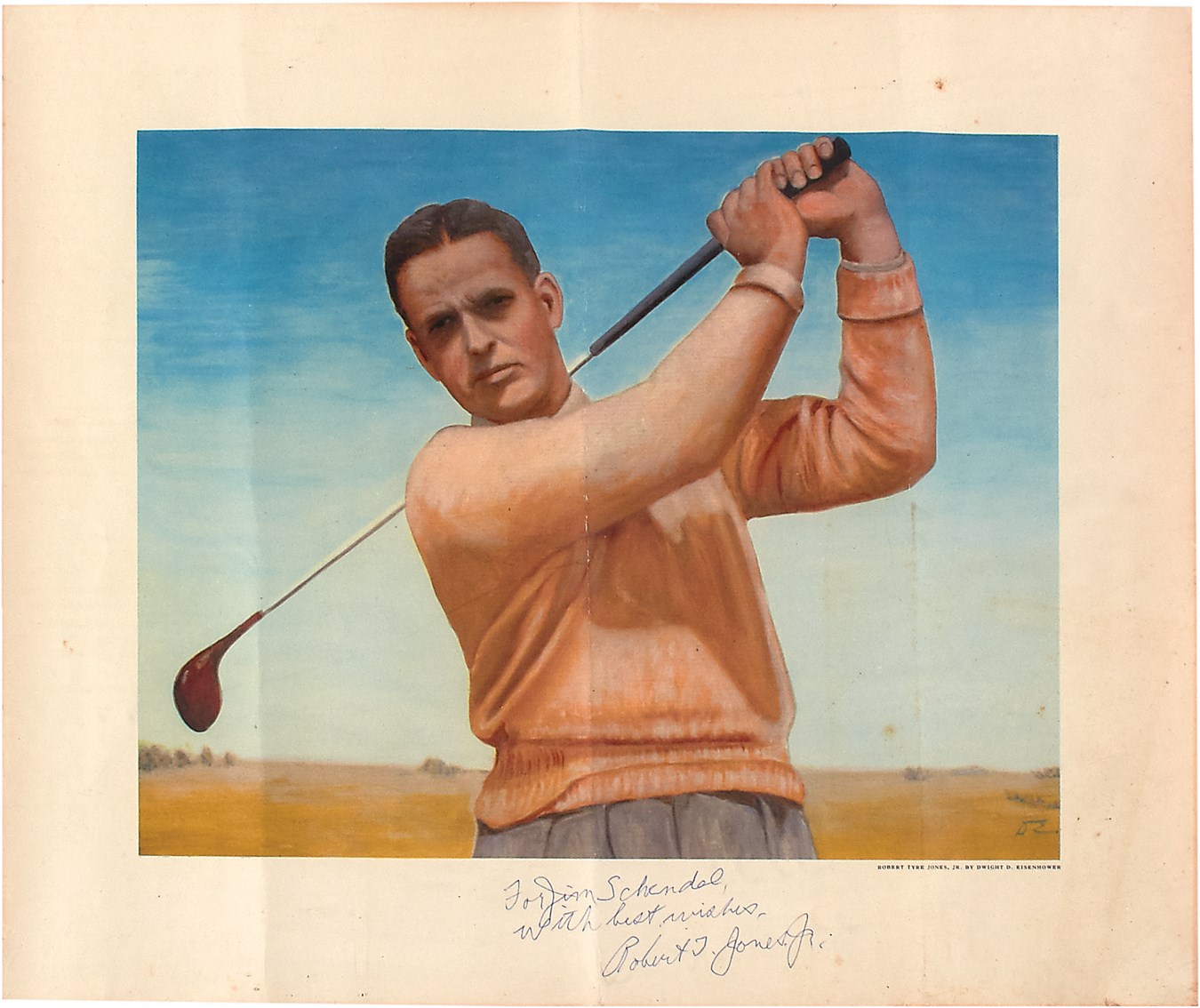 Jim Schendel Autograph Collection - 1970s Vintage Dwight Eisenhower Print Signed by Bobby Jones - Gifted to Schendel by Jones (PSA)