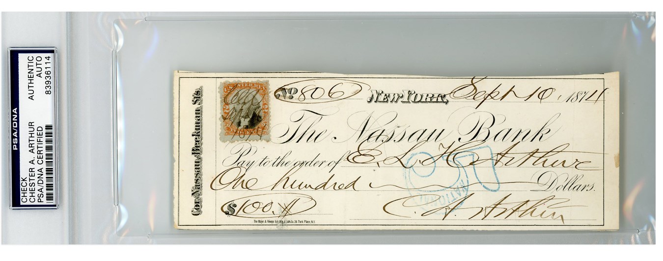 Jim Schendel Autograph Collection - 1814 Chester A. Arthur Signed Bank Check to His Wife (PSA)