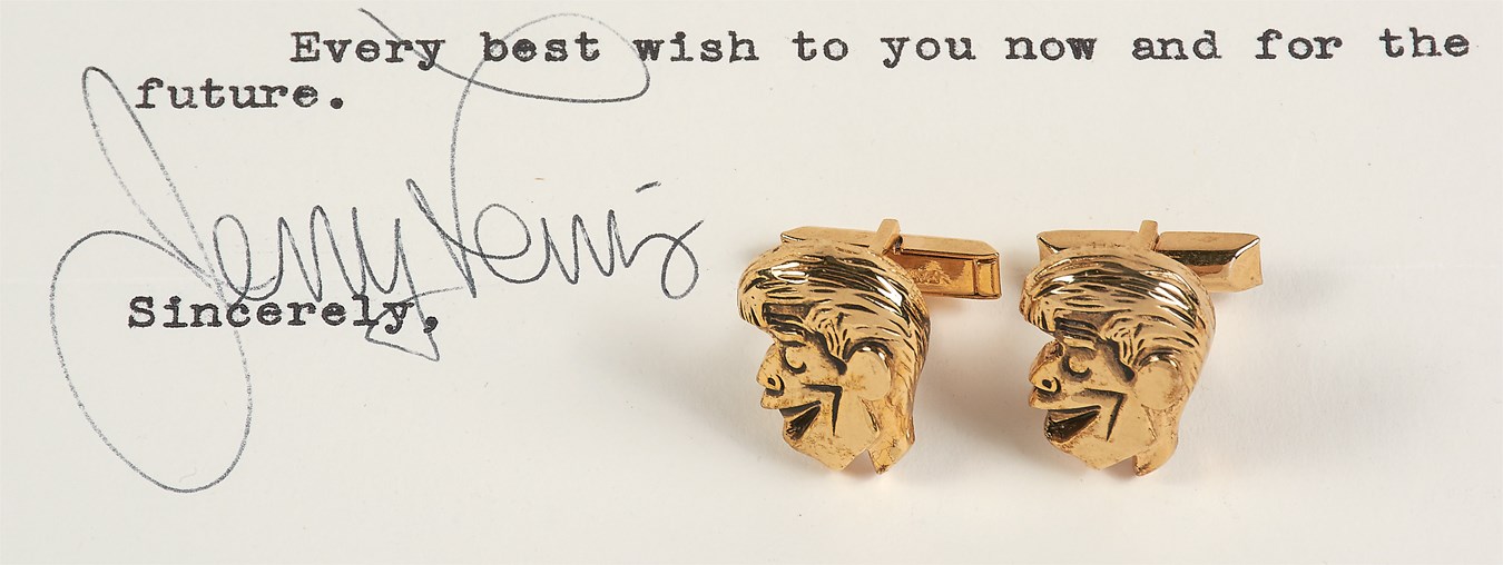 Jim Schendel Autograph Collection - Jerry Lewis Personally Owned Cufflinks with Corresponding Signed Letter