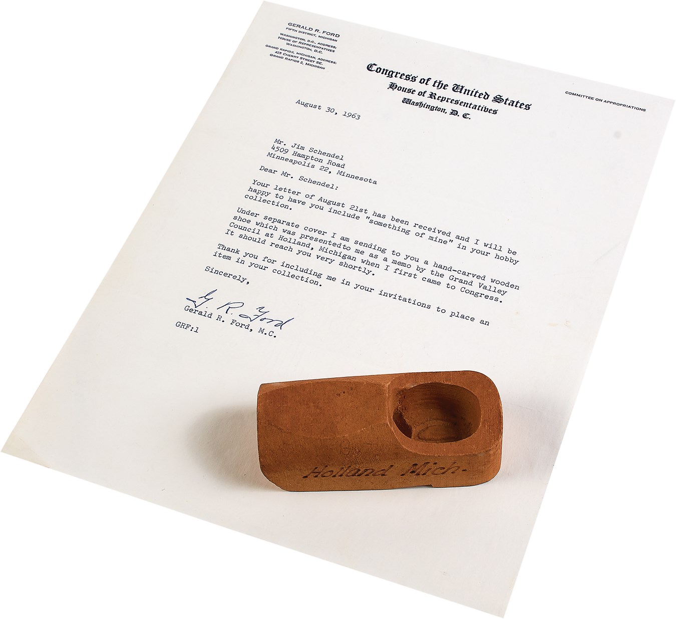 Jim Schendel Autograph Collection - Gerald Ford Personally Owned Wooden Shoe and Signed Letter Gifted by Ford