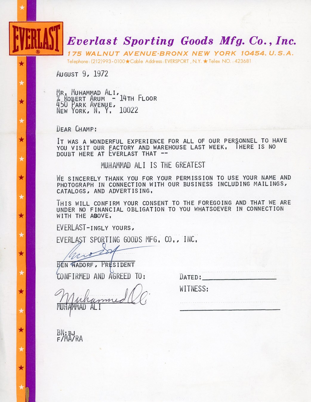Muhammad Ali & Boxing - Muhammad Ali Signed Agreement With Everlast (1972) - PSA LOA