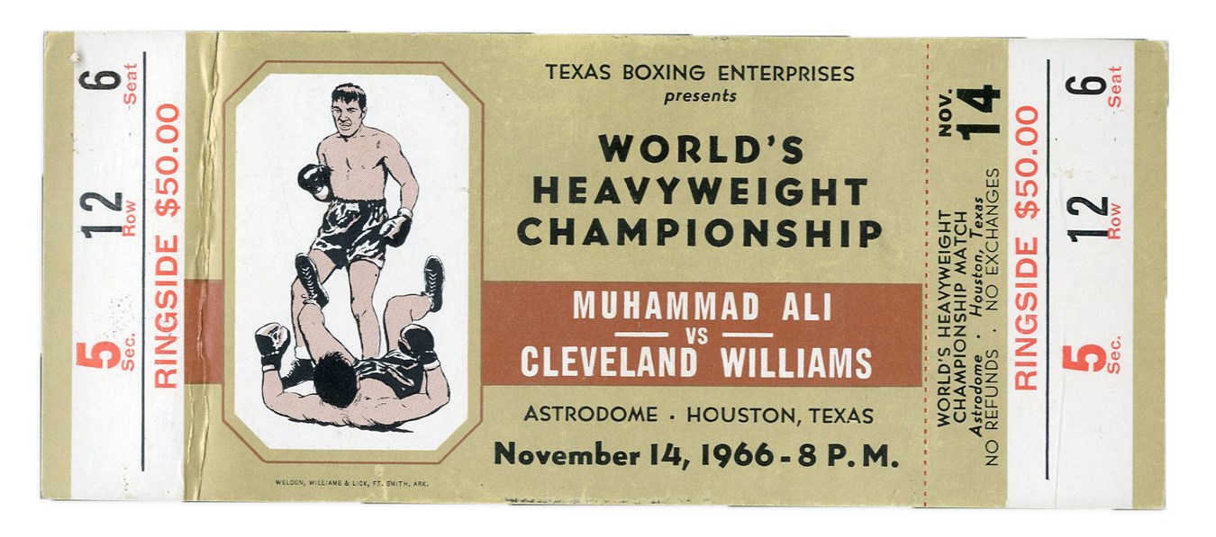 Muhammad Ali & Boxing - Ali-Williams Full Unused Ticket (1966)