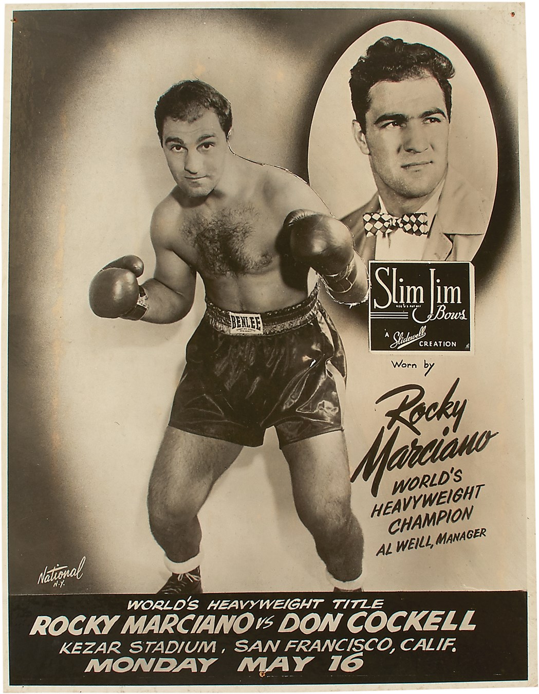 Muhammad Ali & Boxing - 1955 Rocky Marciano Slim Jim Bow Ties Advertising Sign