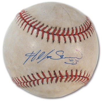NY Yankees, Giants & Mets - 2001 A.L.C.S. Game Four Used Baseball Signed by Alfonso Soriano