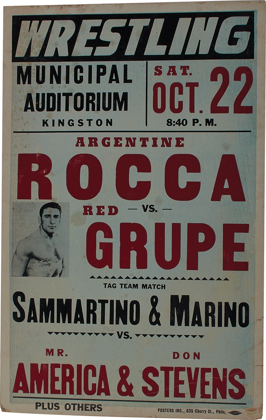 Muhammad Ali & Boxing - 1955 Antonino "Argentina" Rocca vs. Red Grupe On-Site Wrestling Poster
