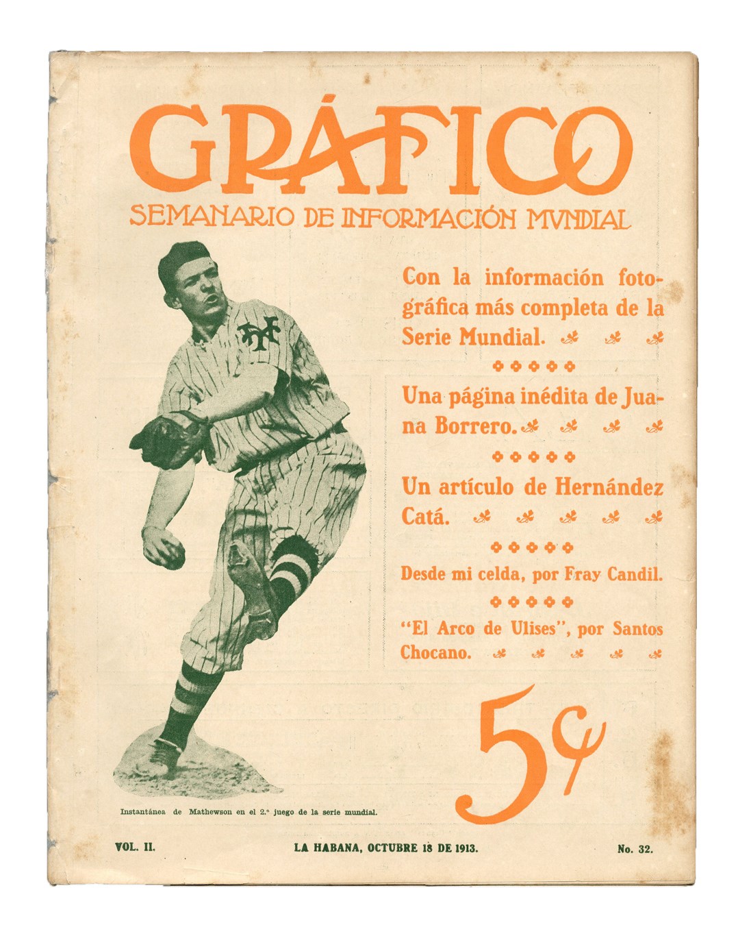 Negro League, Latin, Japanese & Int'l Baseball - Extremely Rare Christy Mathewson 1913 Cuban Magazine