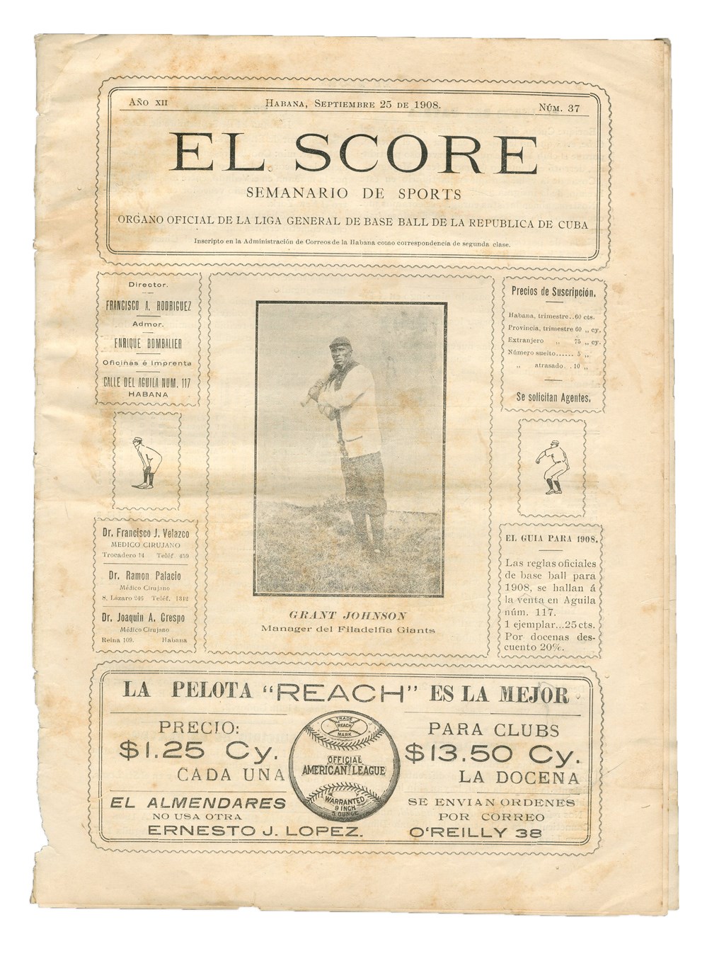 Negro League, Latin, Japanese & Int'l Baseball - 1908 Grant "Home Run" Johnson Cuban Program/Magazine - Legendary Negro Leaguer's Only Known Cover